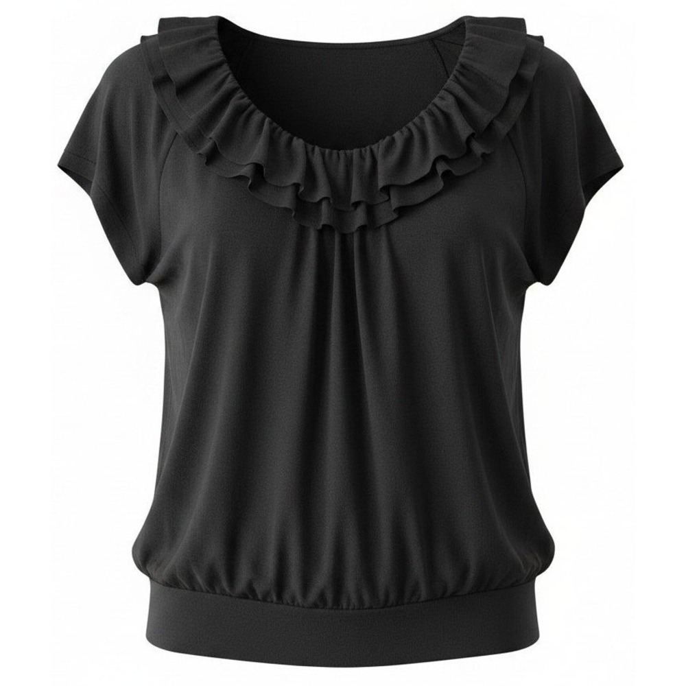 Ann Taylor Loft‎ Womens Black Ruffle Scoop Neck Banded Hem Cotton Top XS